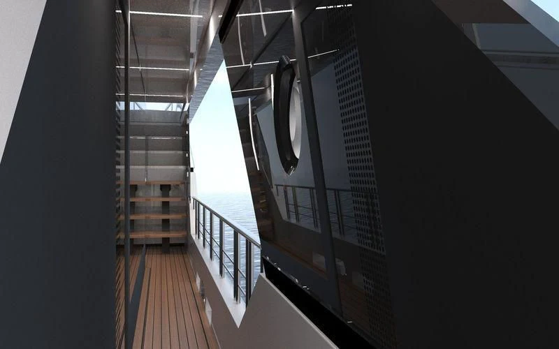 a wooden walkway with a railing aboard VOYAGER Yacht for Sale