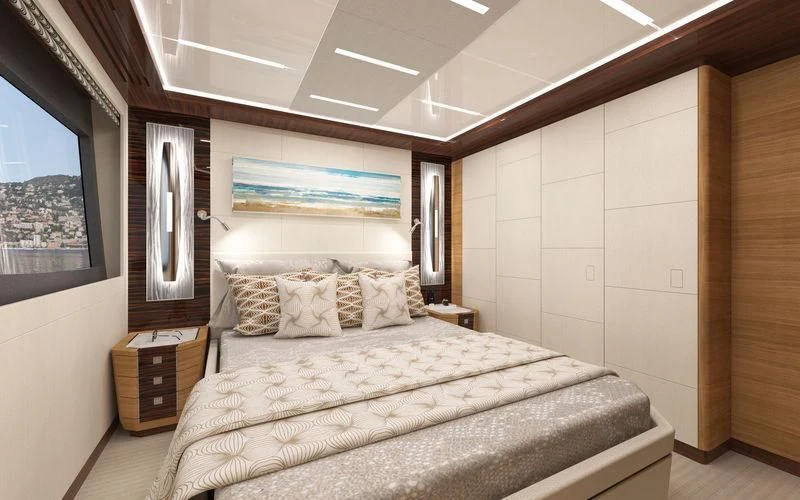 a bed in a room aboard VOYAGER Yacht for Sale