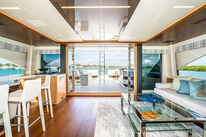 a modern looking living room aboard VOYAGER Yacht for Sale