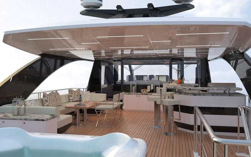 a room with tables and chairs aboard VOYAGER Yacht for Sale