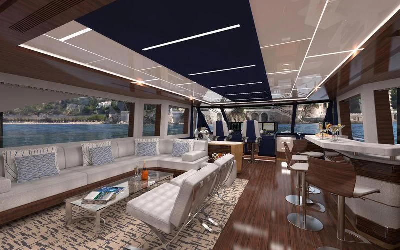 a living room with a large patio aboard VOYAGER Yacht for Sale