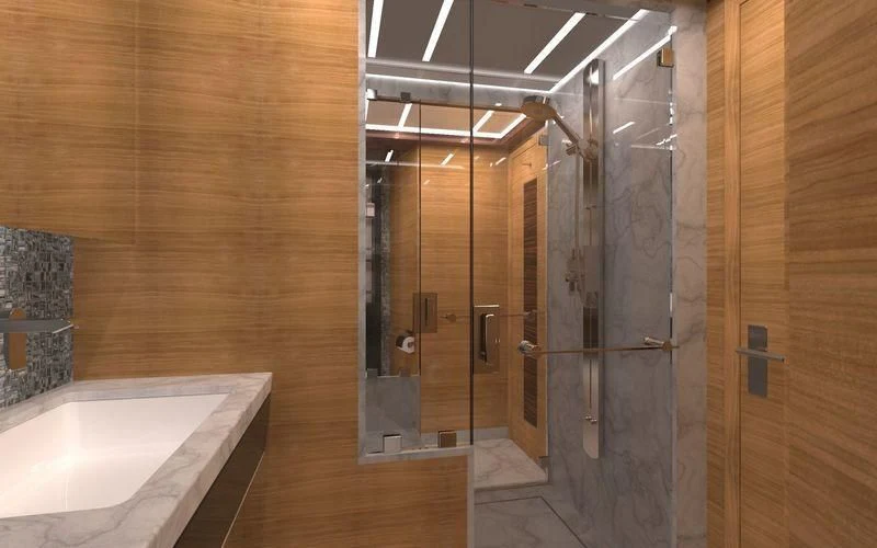 a bathroom with a sink and a large mirror aboard VOYAGER Yacht for Sale