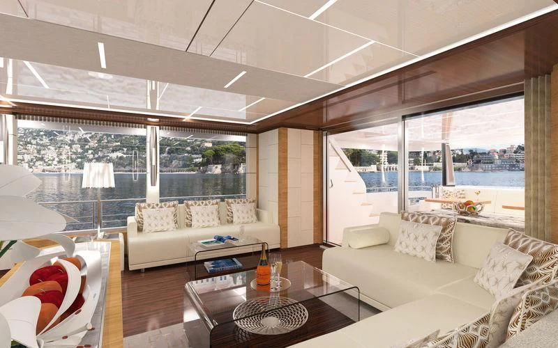 a living room with a large window aboard VOYAGER Yacht for Sale