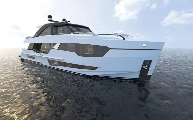 a white boat on a beach aboard VOYAGER Yacht for Sale