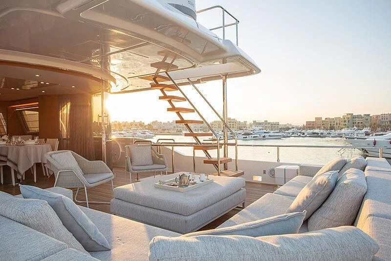 a living room with a large open roof aboard MIRA 1 Yacht for Sale