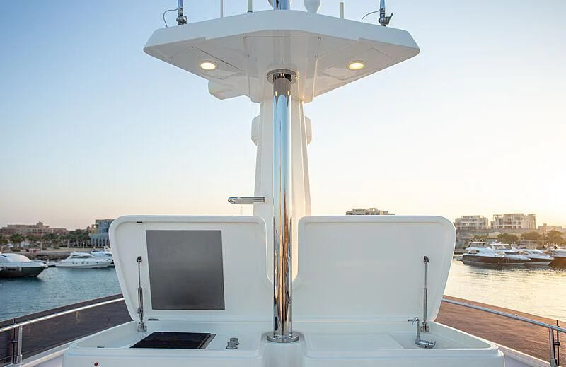 a white boat on a body of water aboard MIRA 1 Yacht for Sale