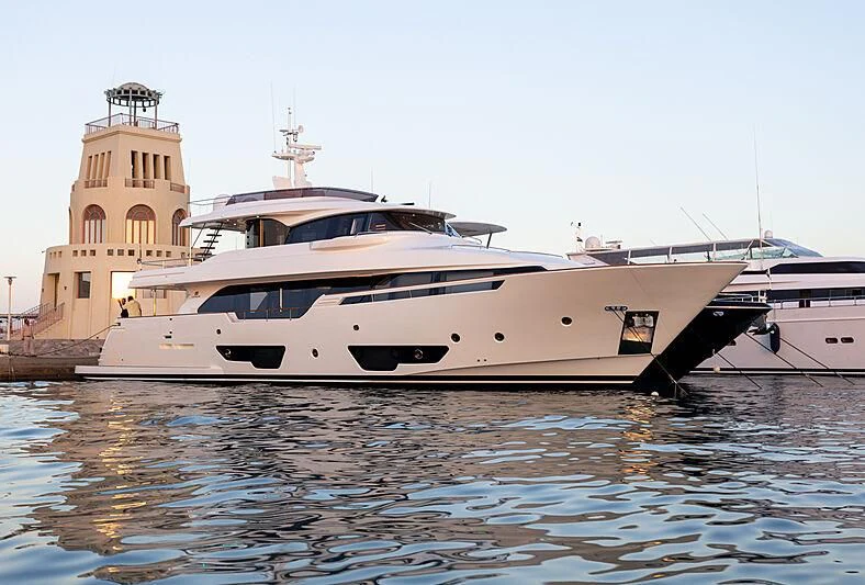 a large white boat in the water aboard MIRA 1 Yacht for Sale