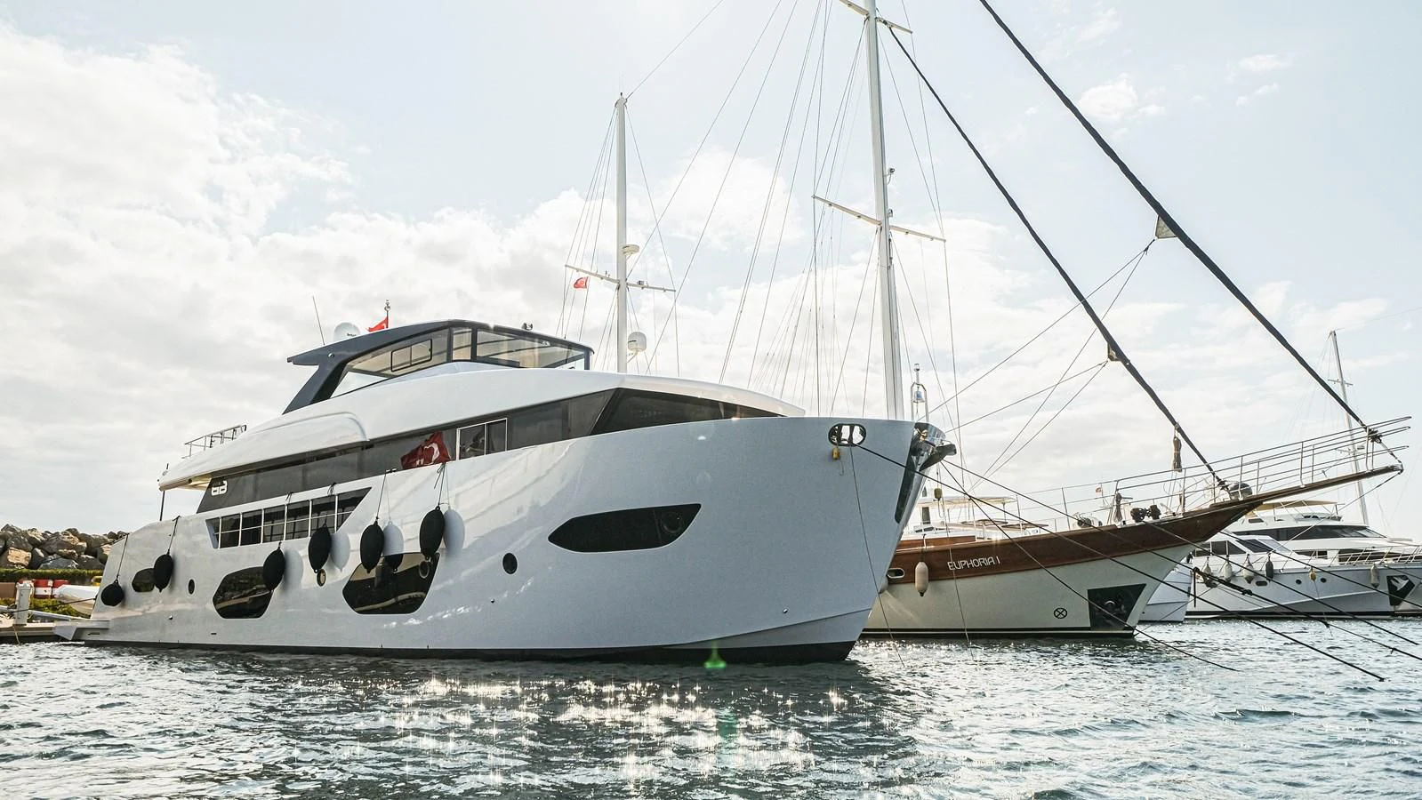 a large white yacht in the water aboard ONYX 87/01 Yacht for Sale