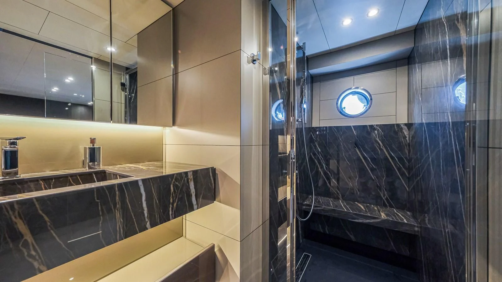 a bathroom with a glass shower aboard ONYX 87/01 Yacht for Sale