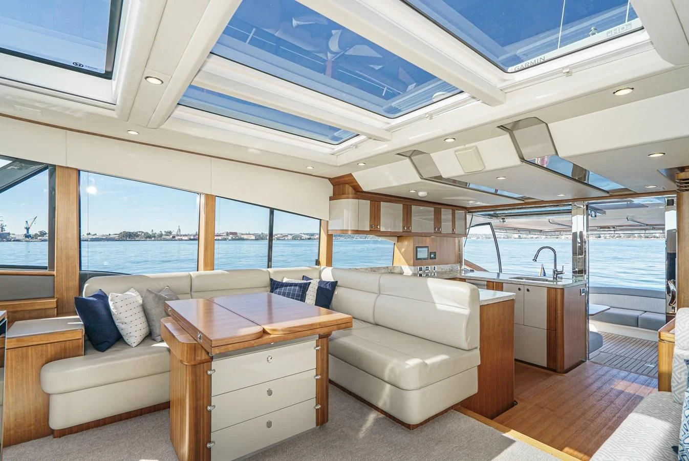 a living room with a large glass ceiling aboard VALENCIA Yacht for Sale