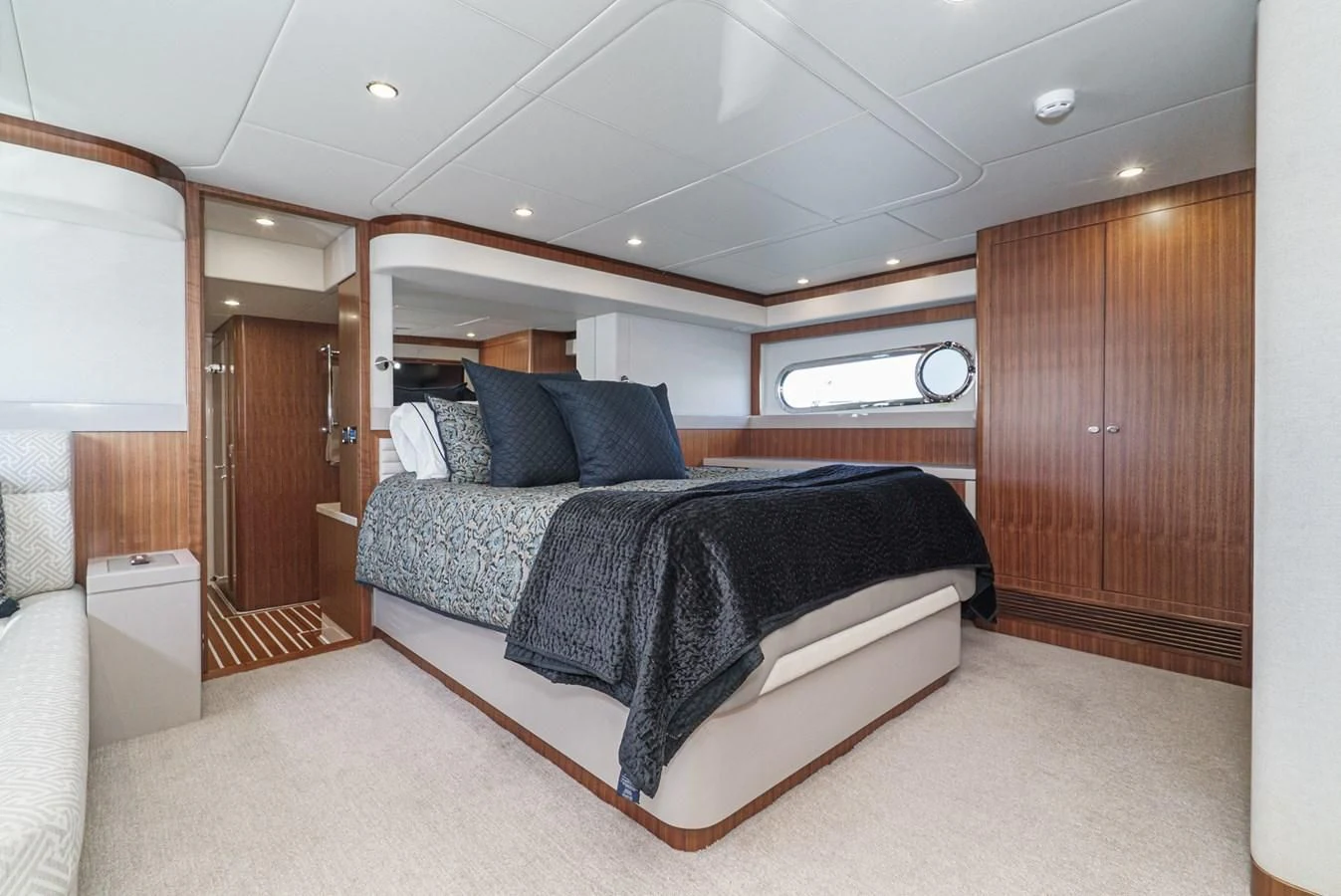 a large bed in a room aboard VALENCIA Yacht for Sale