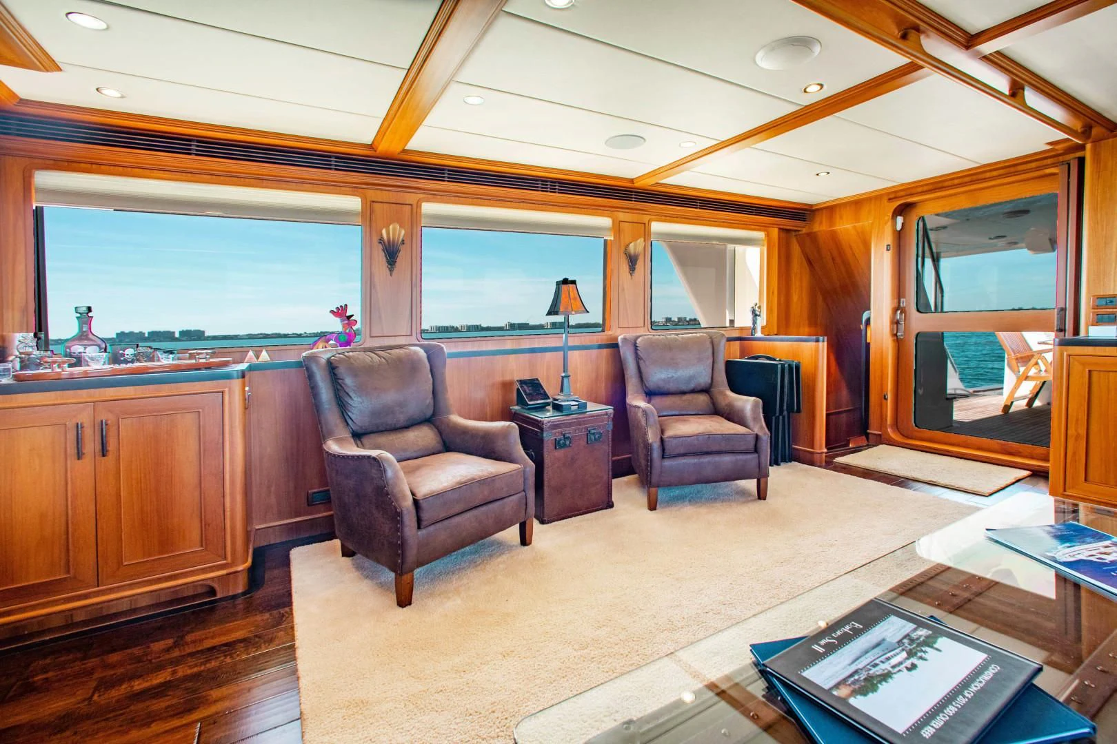 a large kitchen with a large window aboard ON LIBERTY Yacht for Sale