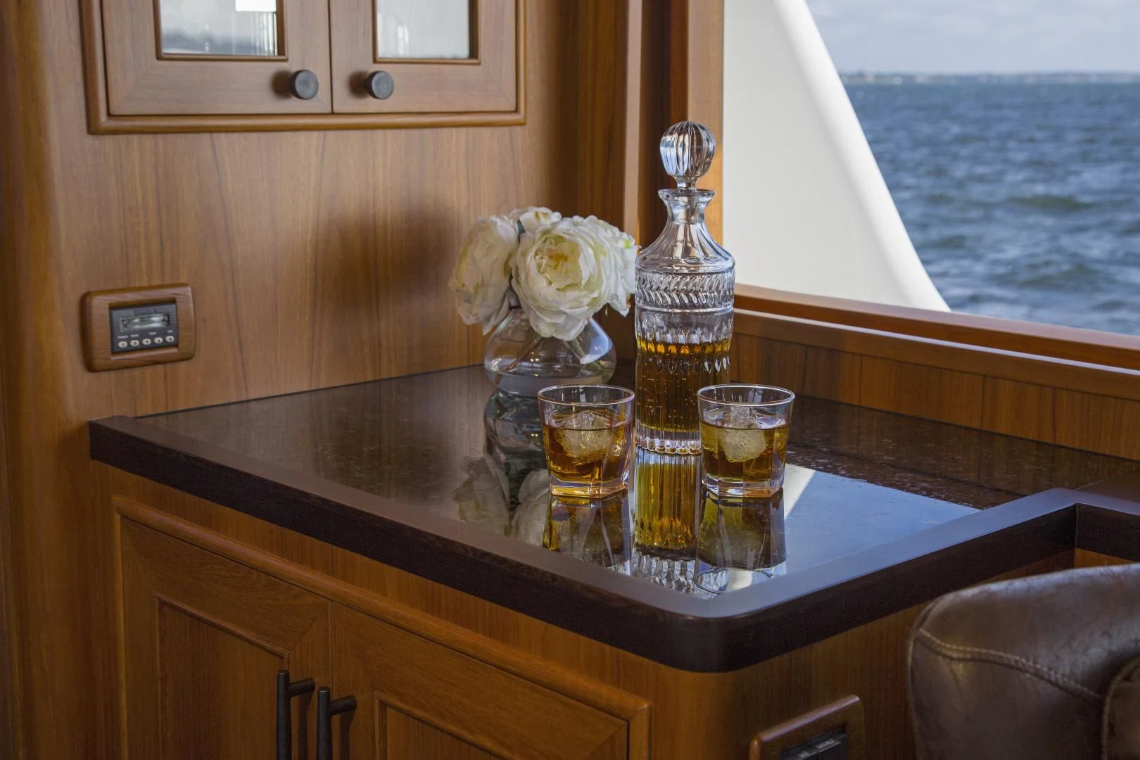 a bottle of alcohol on a counter aboard ON LIBERTY Yacht for Sale