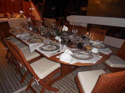 a table set with plates and glasses aboard AVA Yacht for Charter
