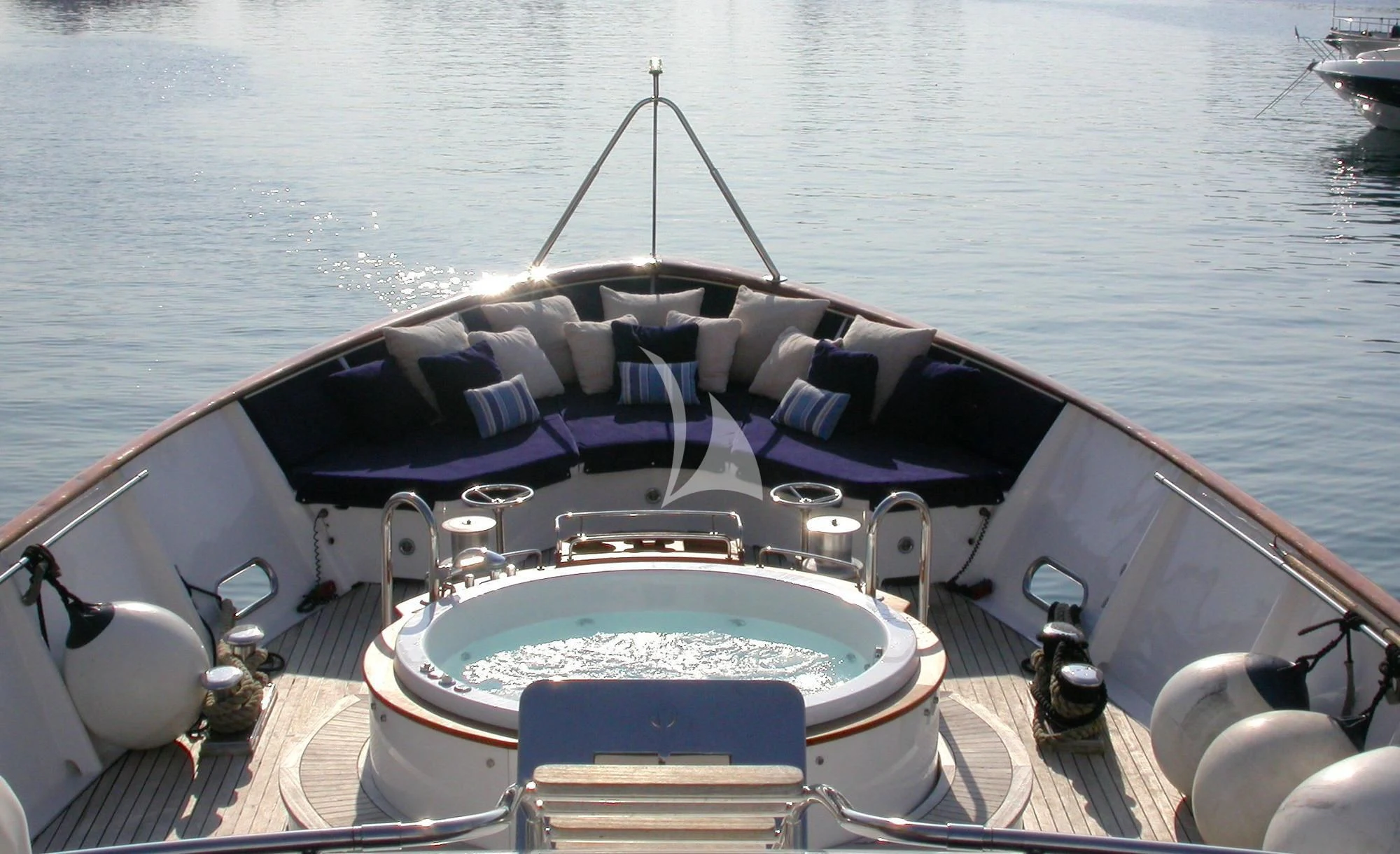 a boat with a blue cover aboard AVA Yacht for Charter