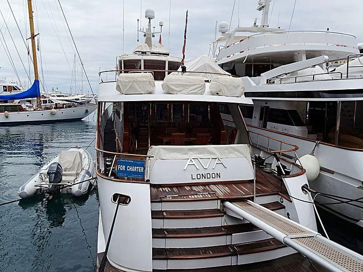 a boat docked at a pier aboard AVA Yacht for Charter