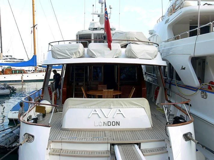 a boat with a sign on it aboard AVA Yacht for Charter