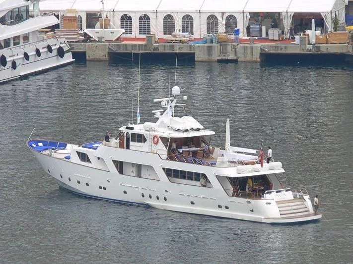 a white boat in the water aboard AVA Yacht for Charter