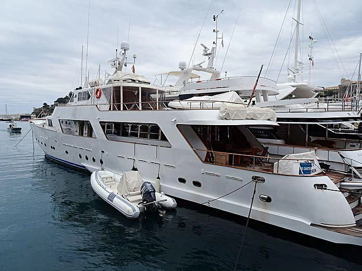 a large white boat with a smaller boat on it aboard AVA Yacht for Charter