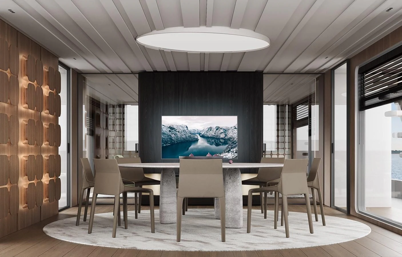 a room with a table and chairs aboard DYNAMIQ GLOBAL 550 Yacht for Sale