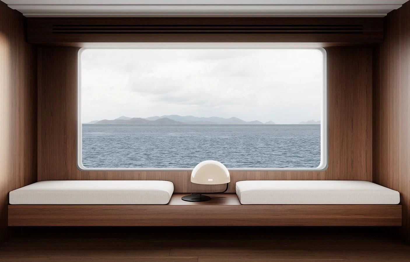 a window with a view of the water and land below aboard DYNAMIQ GLOBAL 550 Yacht for Sale