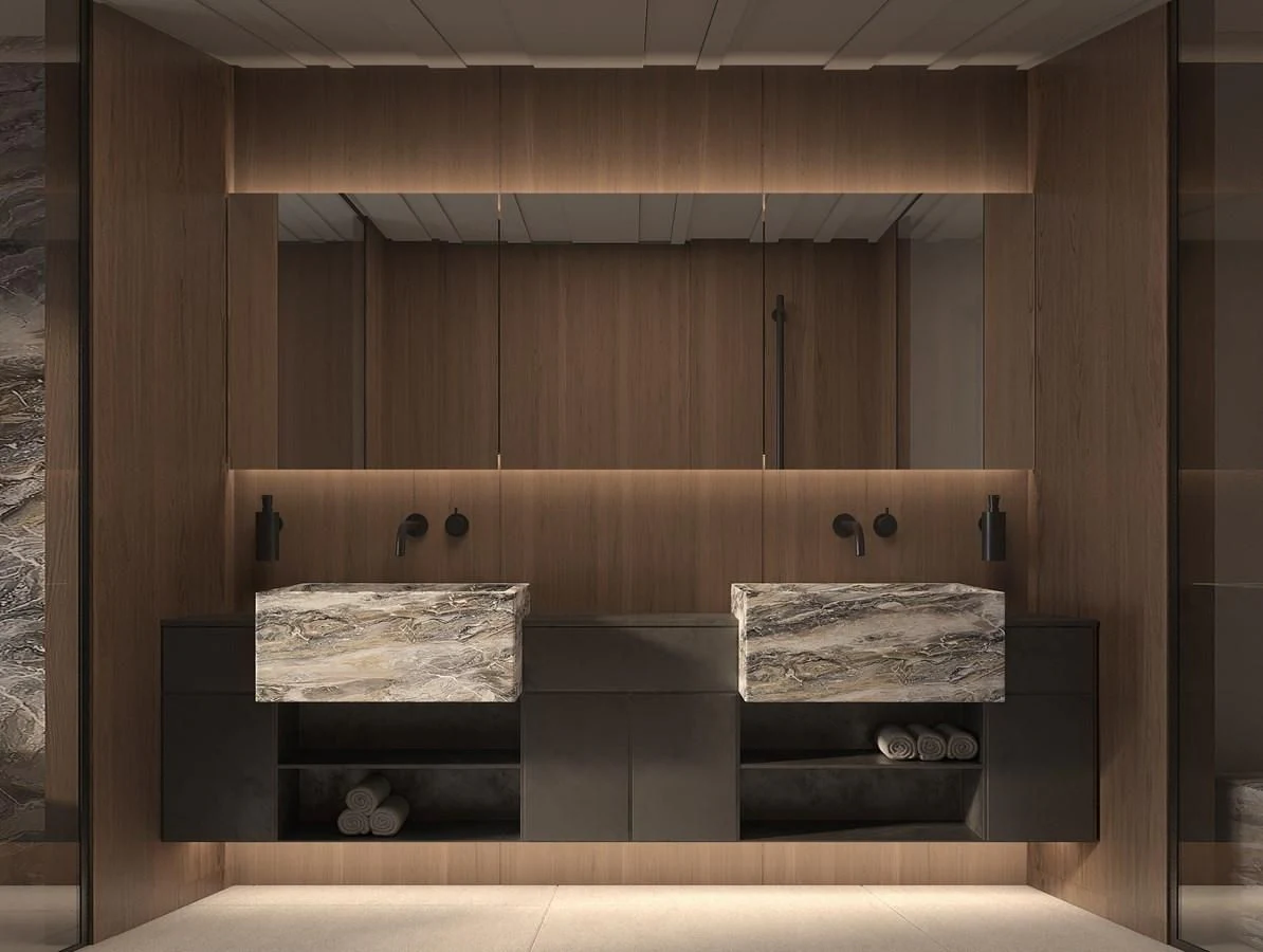 a room with a bed and a wood wall aboard DYNAMIQ GLOBAL 550 Yacht for Sale