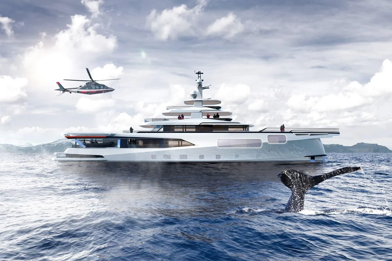 a whale jumping out of the water next to a boat aboard DYNAMIQ GLOBAL 550 Yacht for Sale