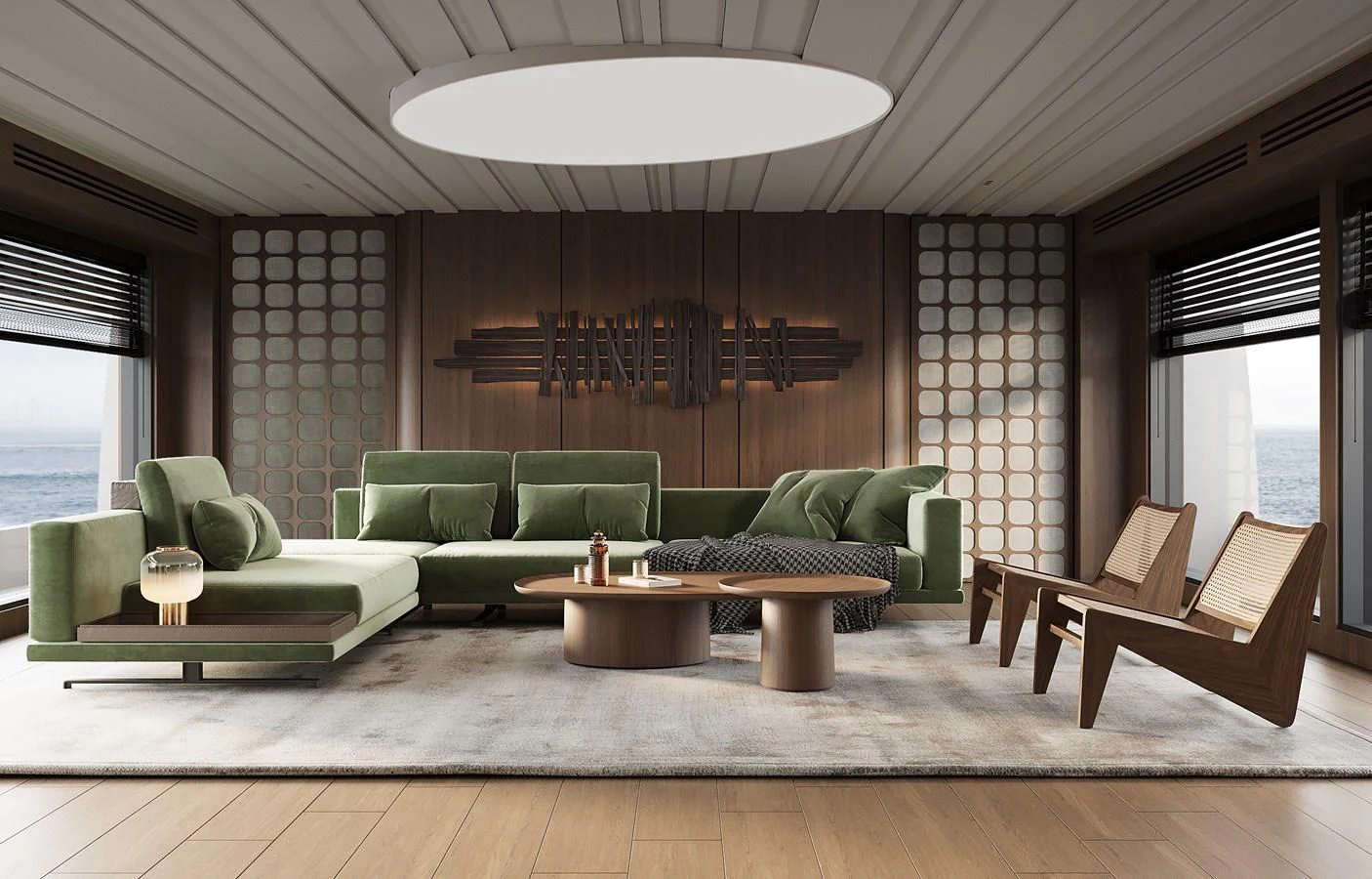 a living room with green couches aboard DYNAMIQ GLOBAL 550 Yacht for Sale