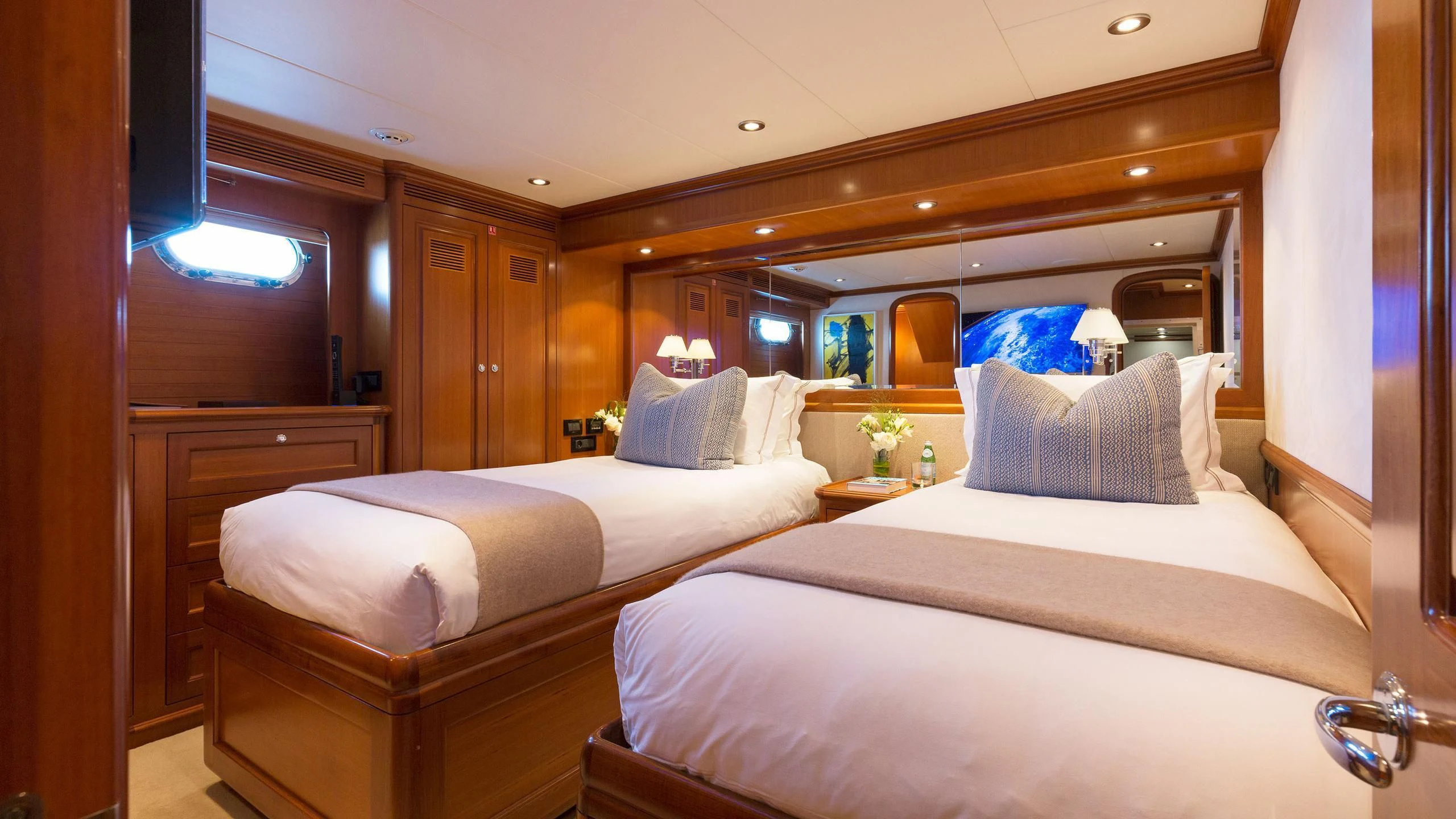 a room with two beds aboard SOLACE Yacht for Sale