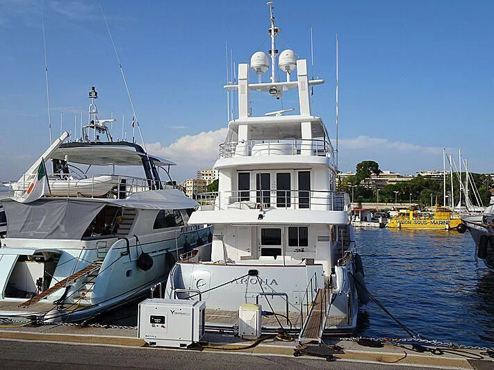 a couple of boats are parked in a harbor aboard SOLACE Yacht for Sale