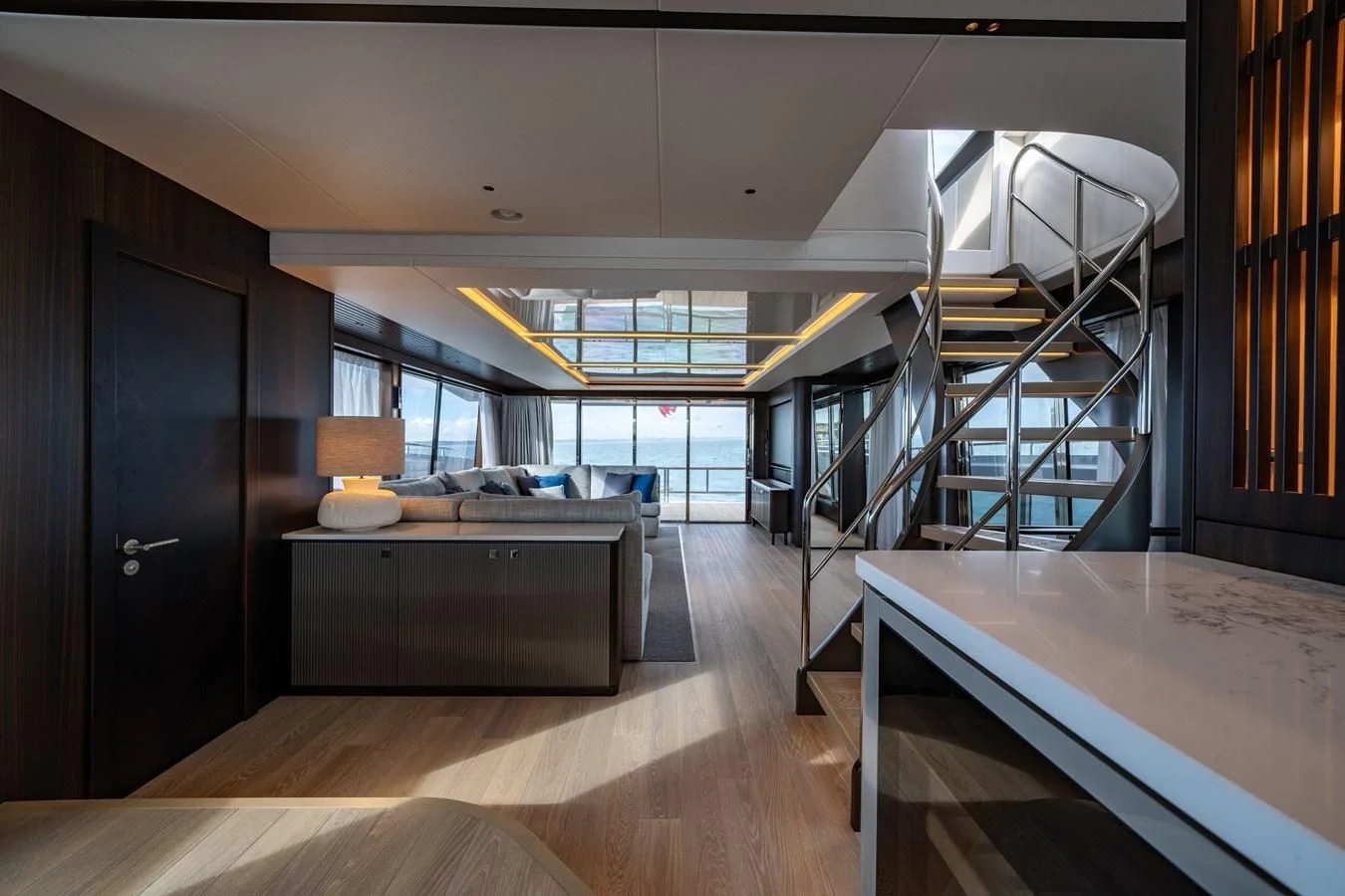 a modern looking living room aboard WORTH THE WAIT Yacht for Sale