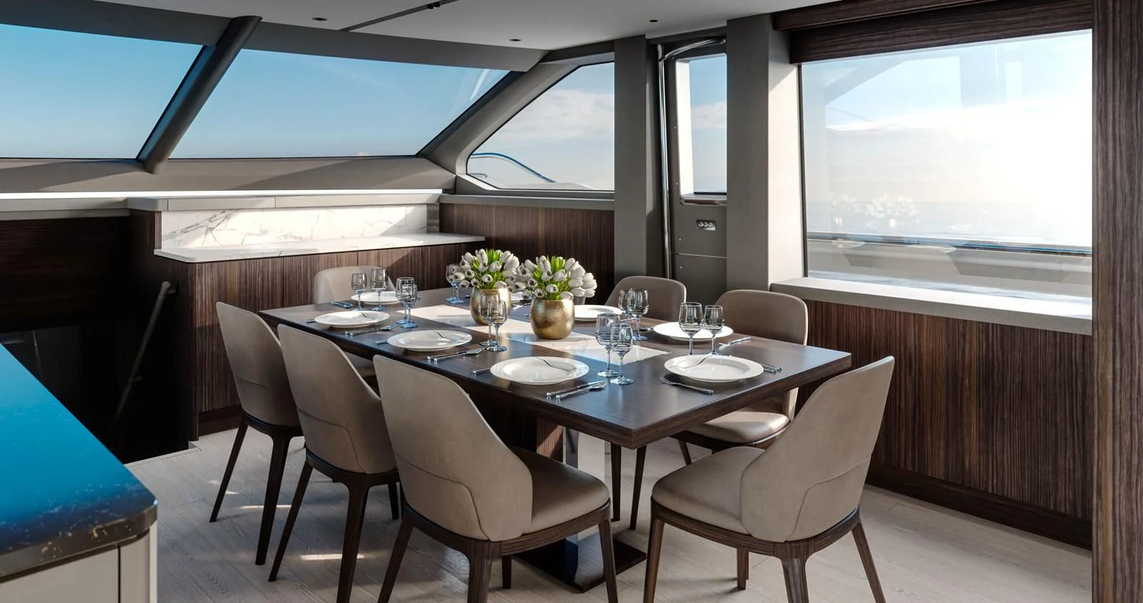 a dining table with chairs and a window aboard WORTH THE WAIT Yacht for Sale