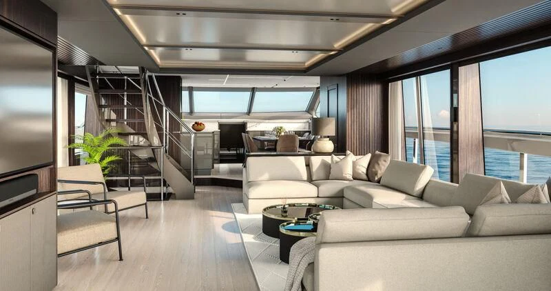 a living room with a large window aboard WORTH THE WAIT Yacht for Sale