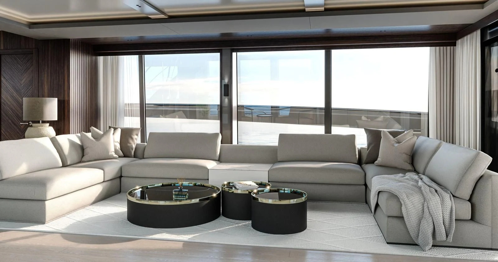 a living room with a large window aboard WORTH THE WAIT Yacht for Sale