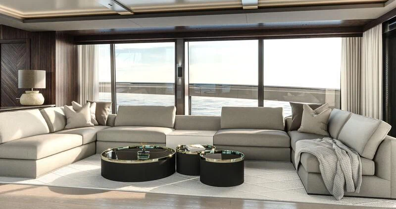 a living room with a large window aboard WORTH THE WAIT Yacht for Sale