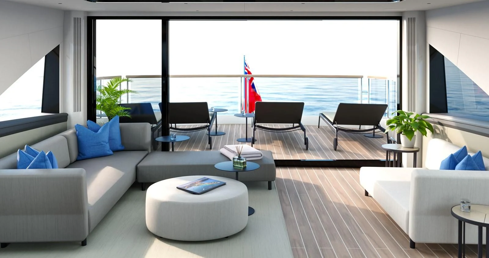 a living room with a large window aboard WORTH THE WAIT Yacht for Sale