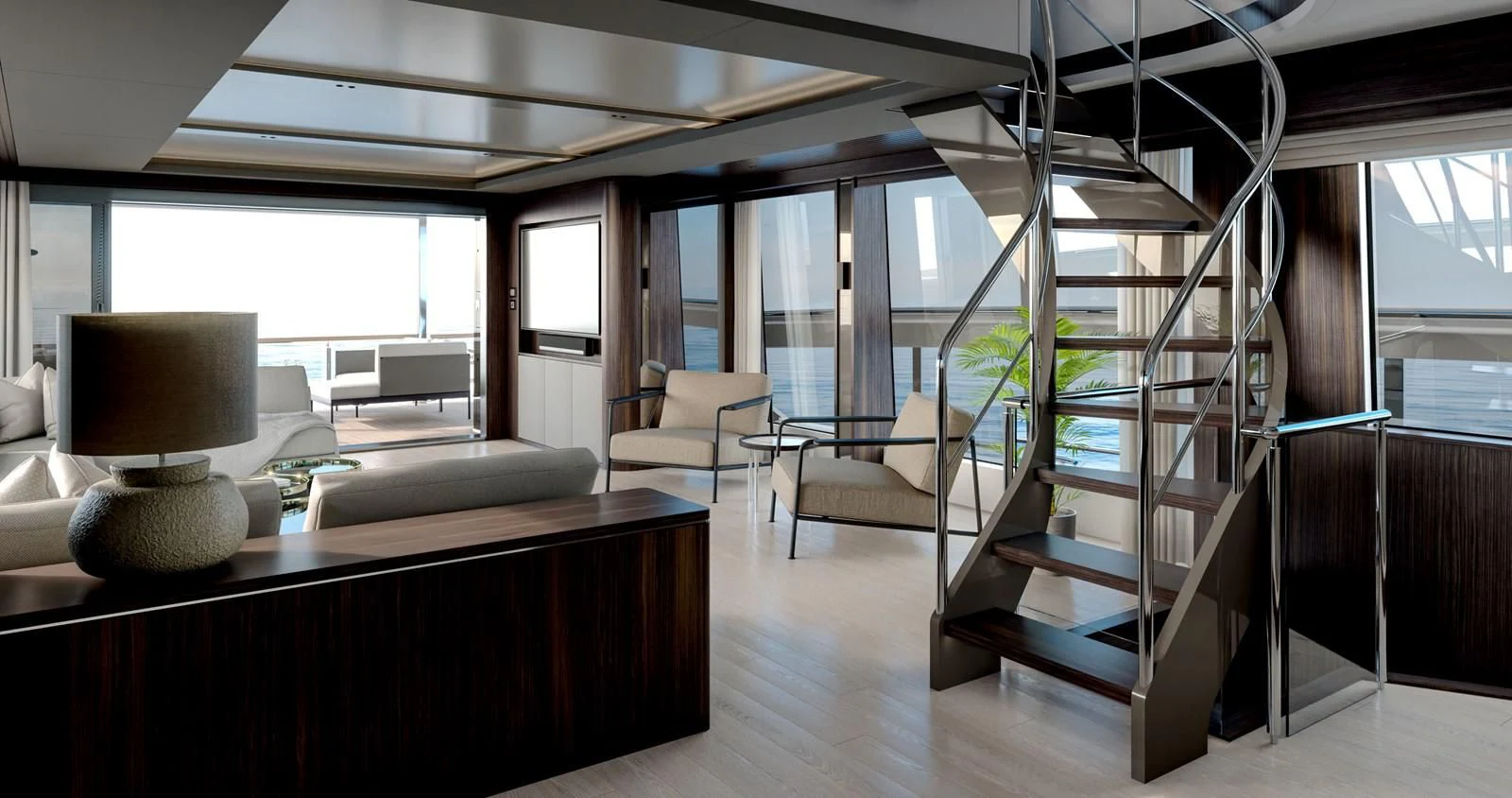 a room with a large glass wall aboard WORTH THE WAIT Yacht for Sale