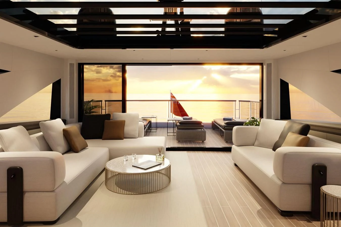 a living room with a large window aboard WORTH THE WAIT Yacht for Sale