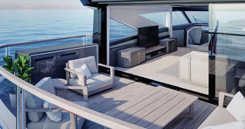 a deck with a view of the ocean and the deck aboard WORTH THE WAIT Yacht for Sale