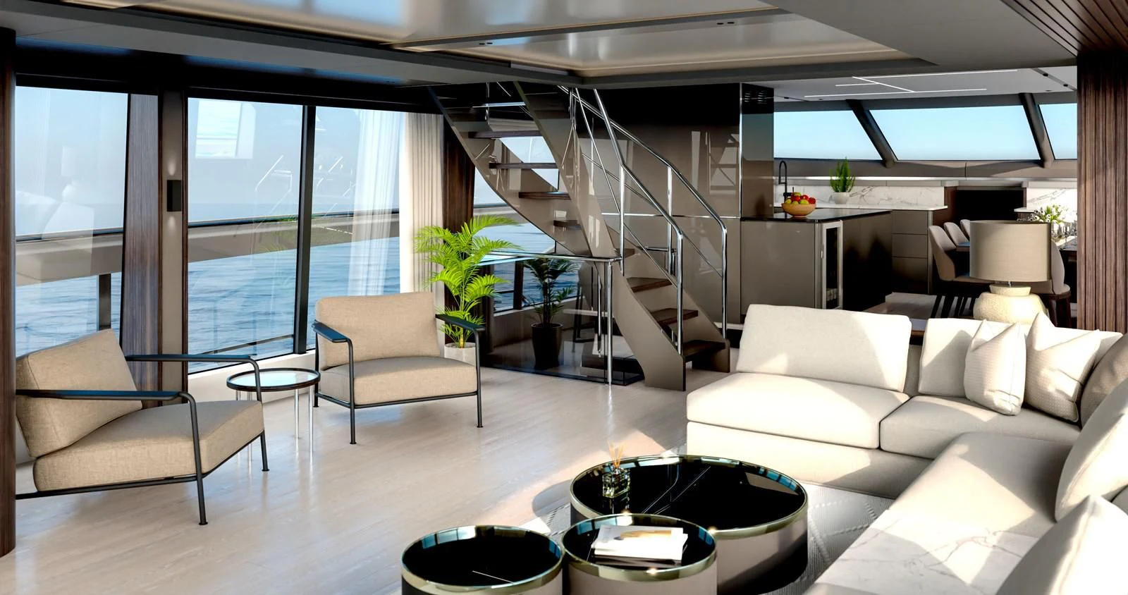a room with a staircase and a couch aboard WORTH THE WAIT Yacht for Sale