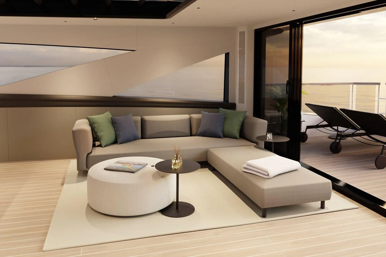 a modern living room with a large screen aboard WORTH THE WAIT Yacht for Sale