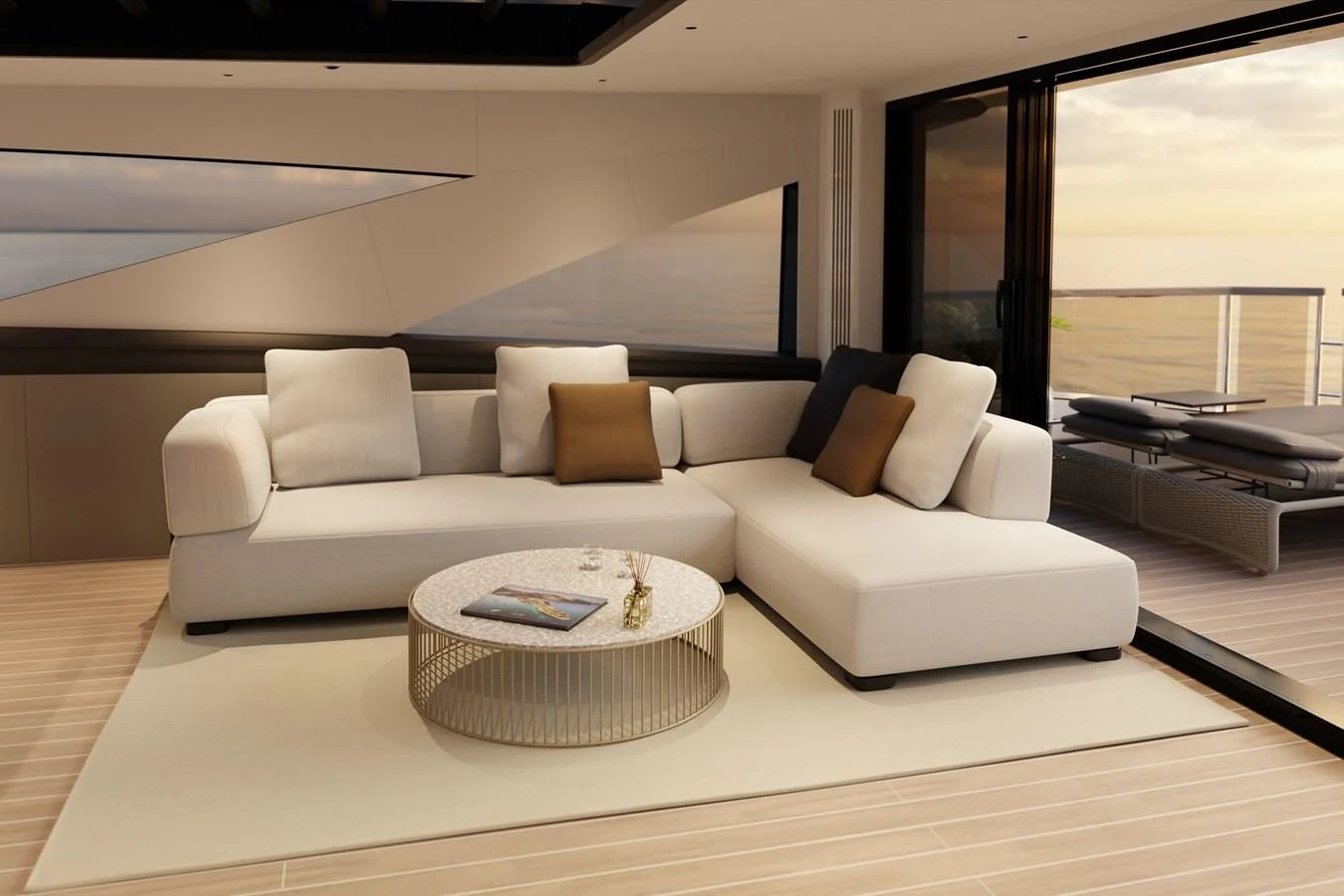 a modern living room with a large white sofa aboard WORTH THE WAIT Yacht for Sale