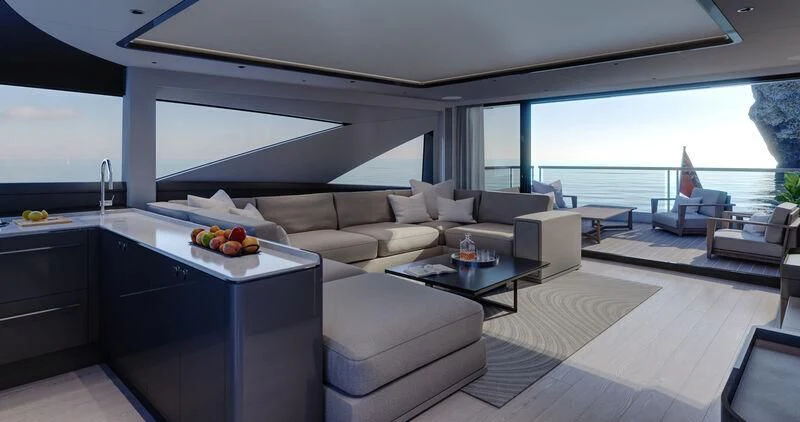a living room with a large window aboard WORTH THE WAIT Yacht for Sale