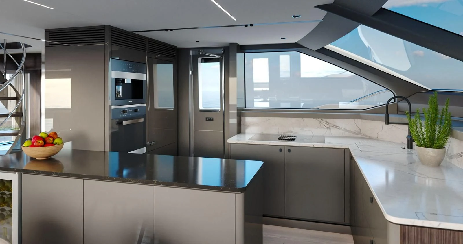 a kitchen with a large island aboard WORTH THE WAIT Yacht for Sale