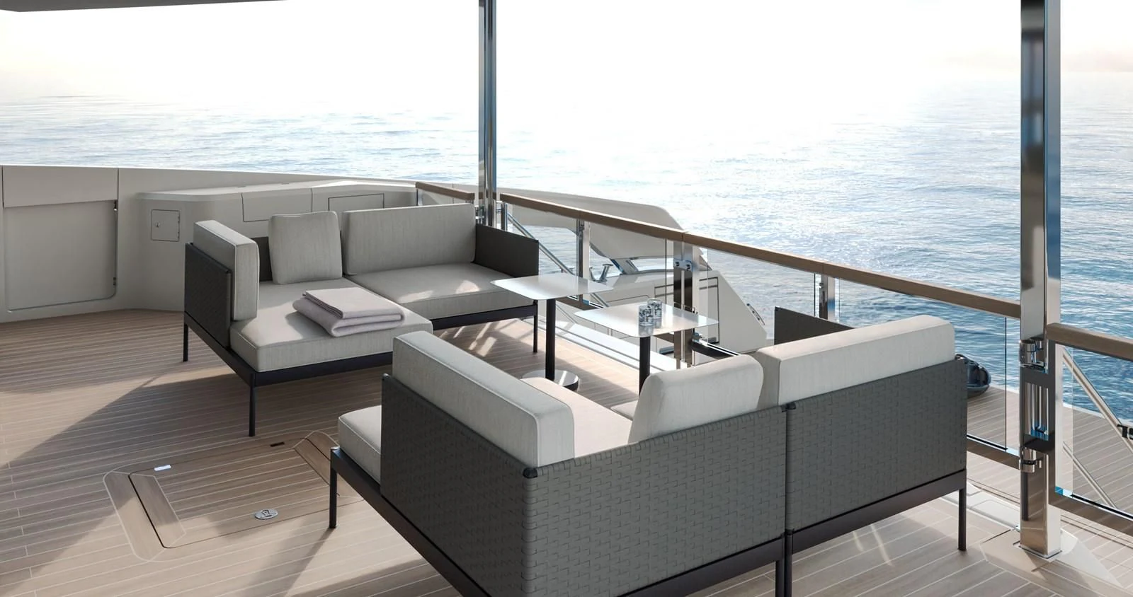 a living room with a large balcony aboard WORTH THE WAIT Yacht for Sale