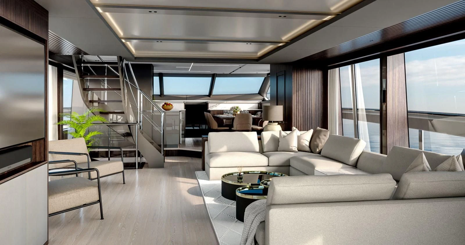 a living room with a large window aboard WORTH THE WAIT Yacht for Sale