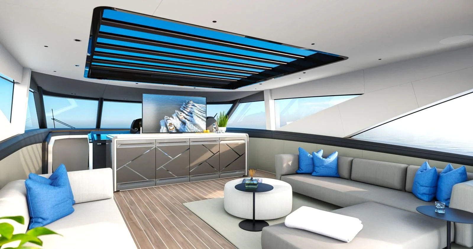 a modern looking living room aboard WORTH THE WAIT Yacht for Sale
