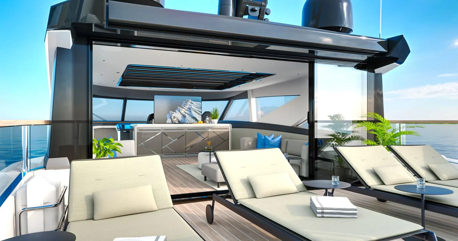 a room with a table and chairs aboard WORTH THE WAIT Yacht for Sale