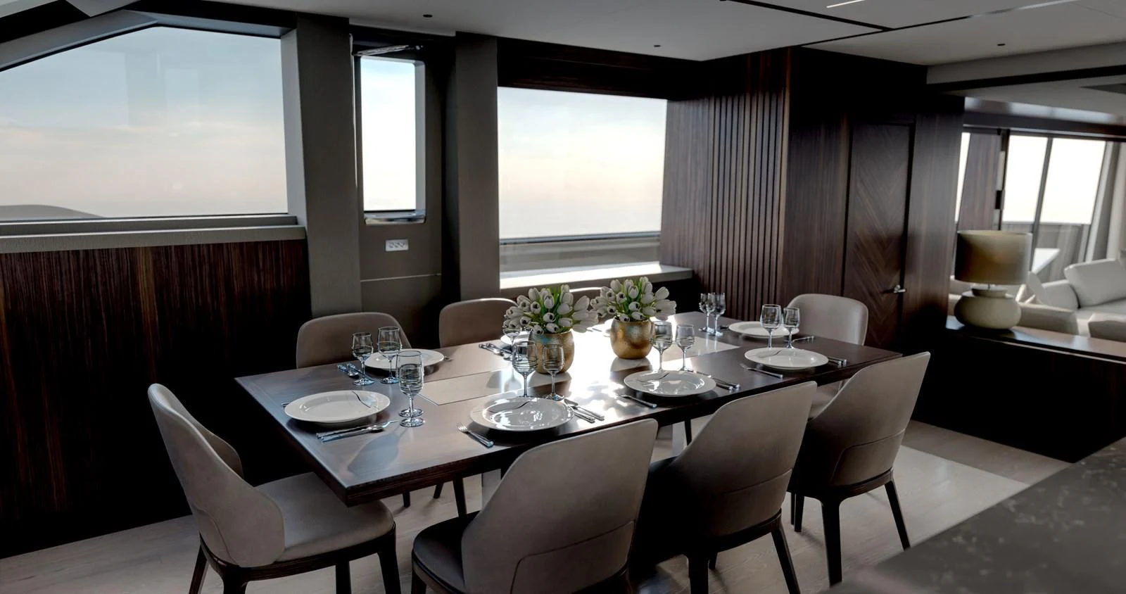a large dining room table aboard WORTH THE WAIT Yacht for Sale