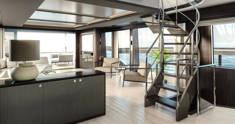 a room with a large glass window aboard WORTH THE WAIT Yacht for Sale